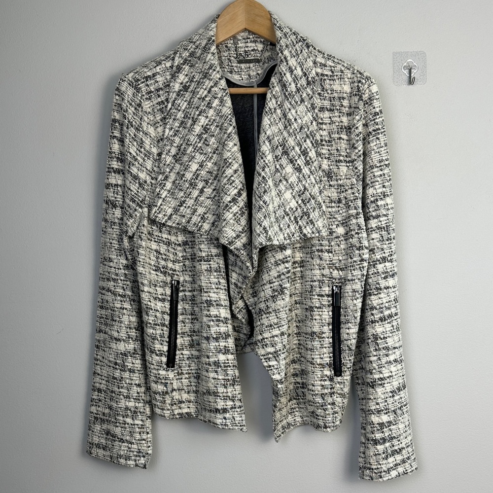 White House Black Market Black and White Tweed Draped Jacket